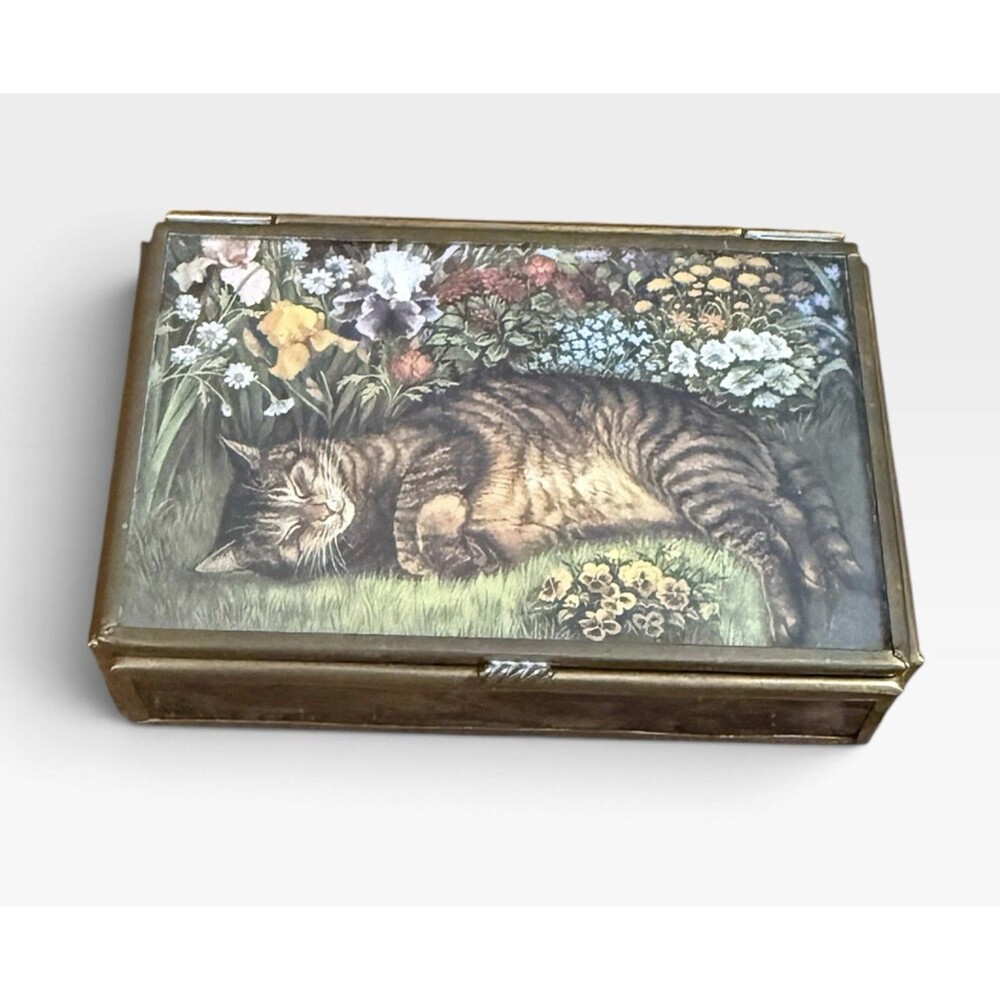 Vintage Via Vermont Brass Trinket Box Sleeping Cat Floral Garden Balliol Corp